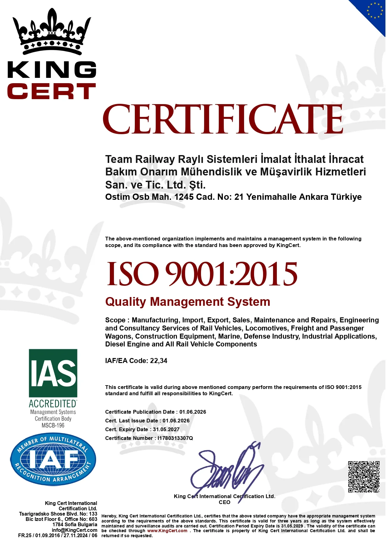 Team Railway ISO 9001:2015 Certificate English